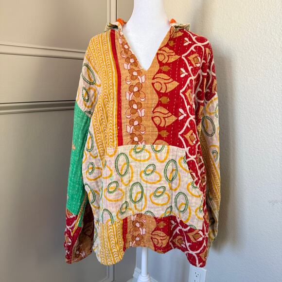 kantha Tops - Handmade Kantha Reversable Patchwork Boho Hoodie Jacket Floral Est L/XL